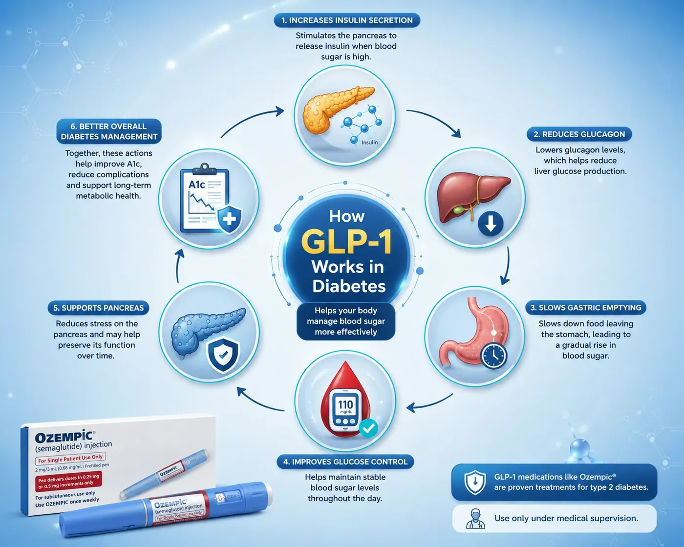 Diagram of how a GLP-1 medicine such as Ozempic works in diabetes