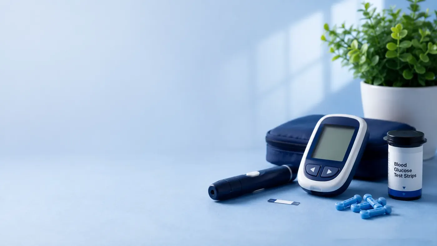 A blood glucose meter, a lancet pen, a test strip and a bottle of blood glucose test strips on a table