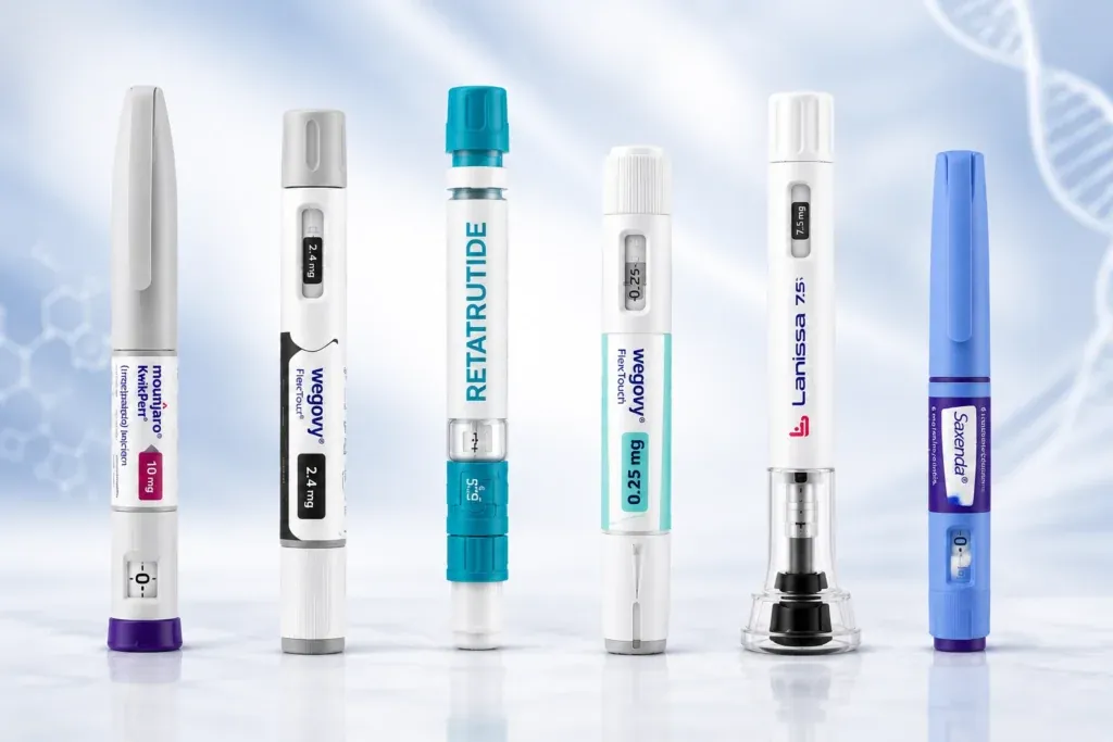 Injection pens of different brands lined up side by side