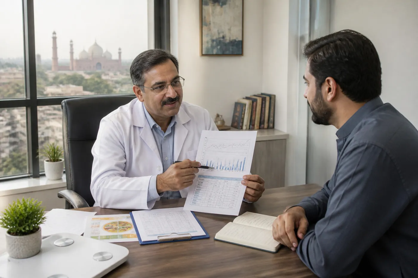 Endocrinologist reviewing notes with a patient in a Lahore clinic