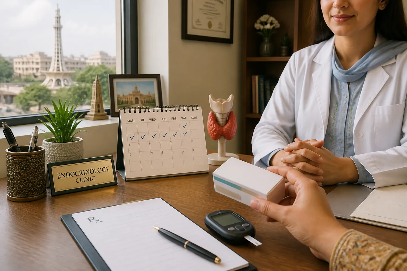 Doctor and patient at a clinic desk with a glucose meter and a calendar