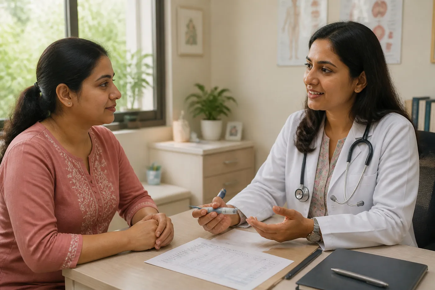 Doctor showing an injection pen to a woman patient during a consultation