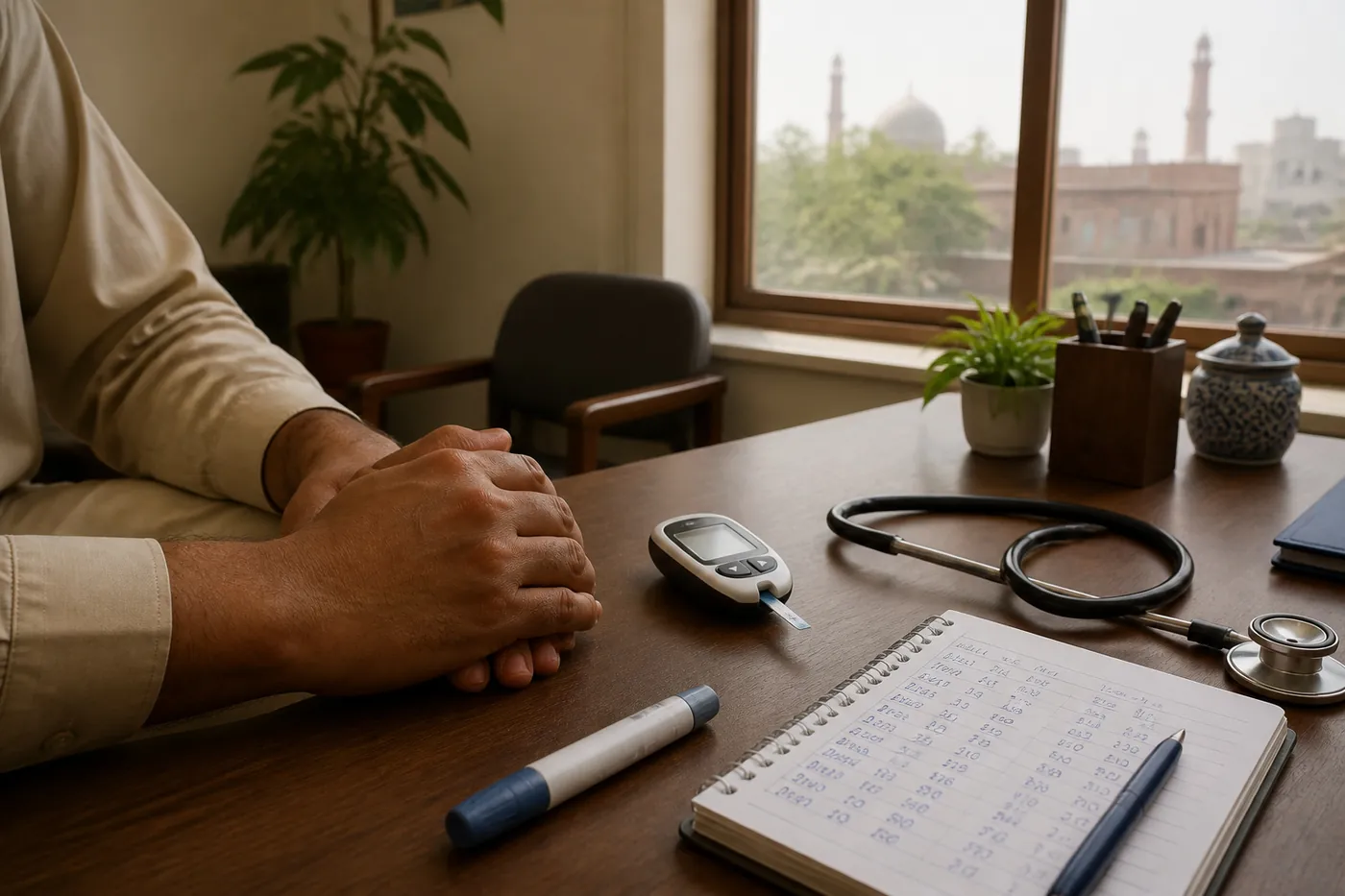 Patient's hands on a clinic desk beside a glucose meter and a stethoscope