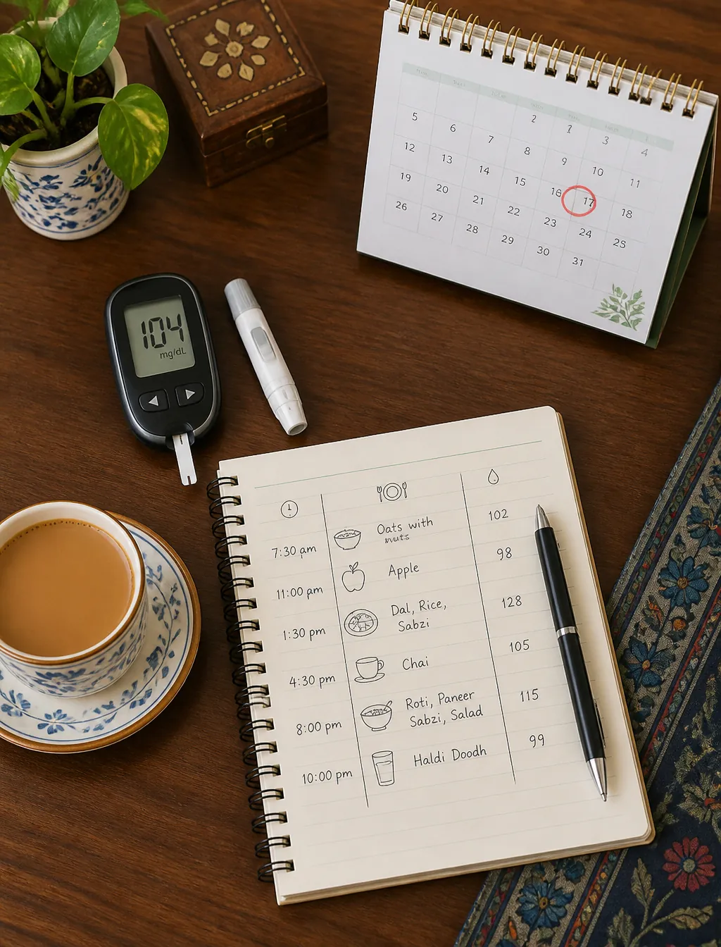 Glucose meter, a calendar and a notebook on a table