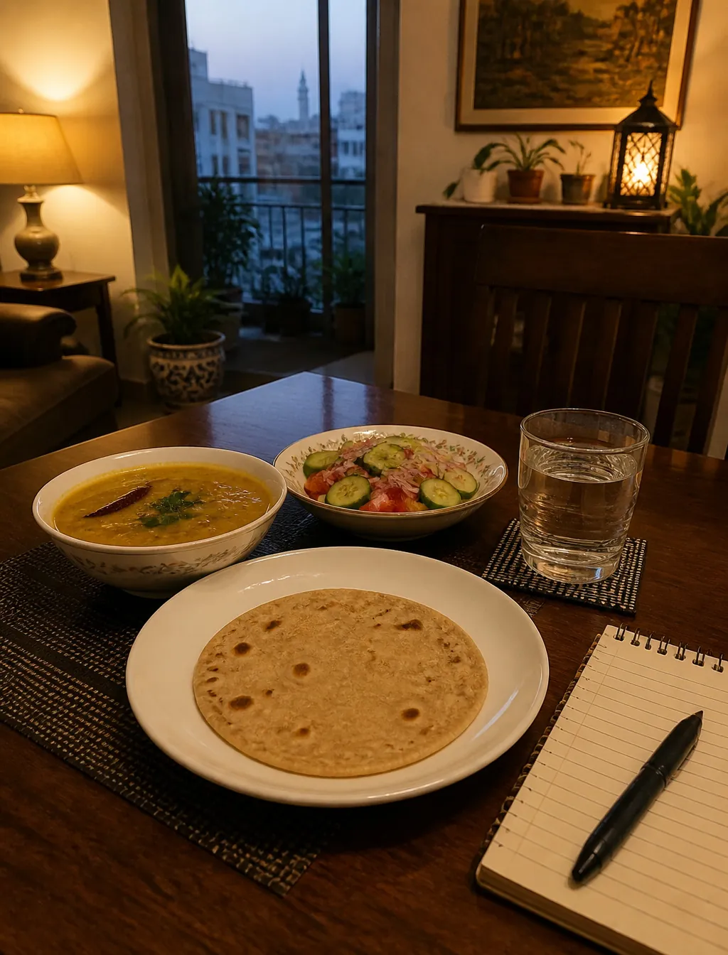 Table with roti, a notebook and a glass of water