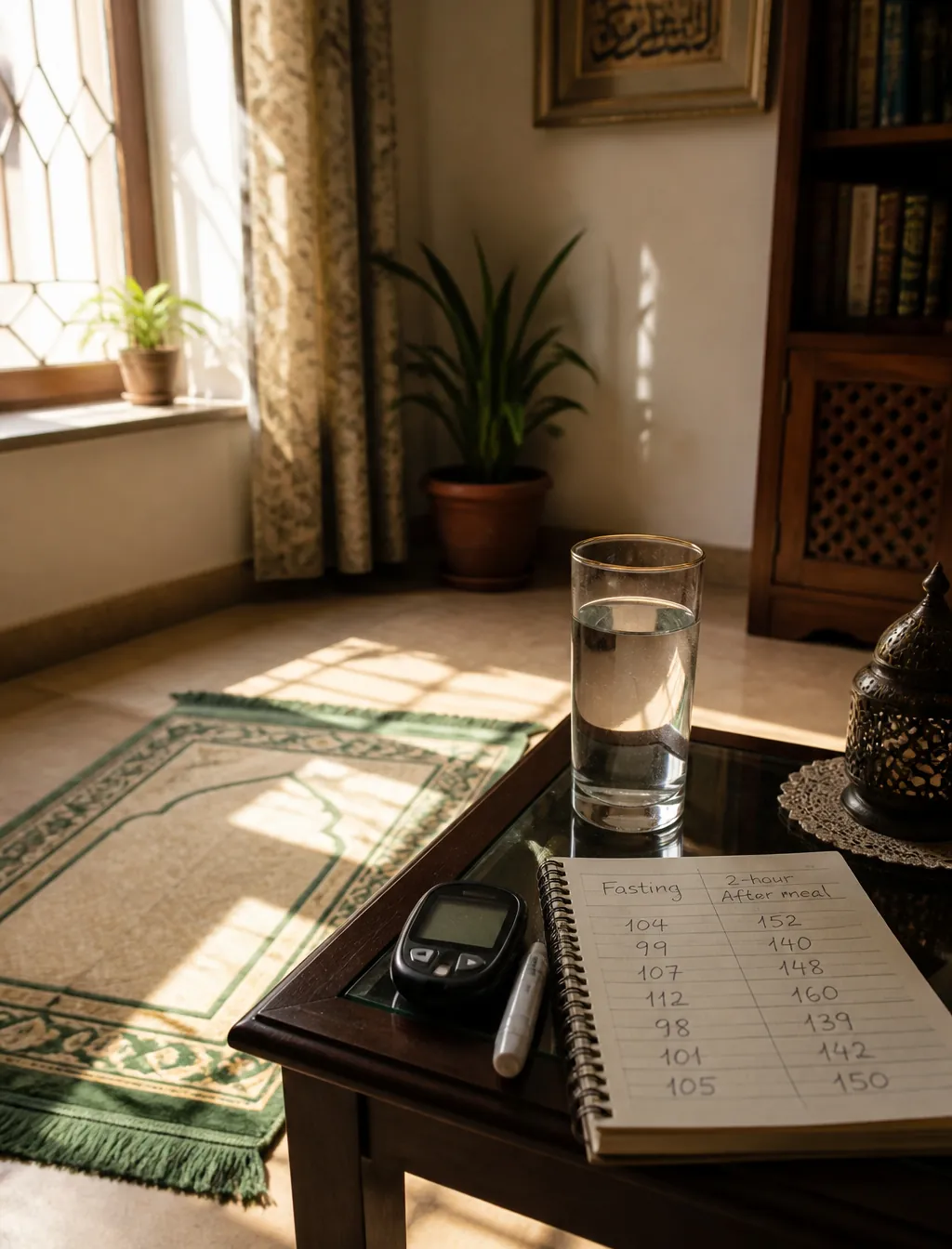 Side table with a glass of water and a notebook