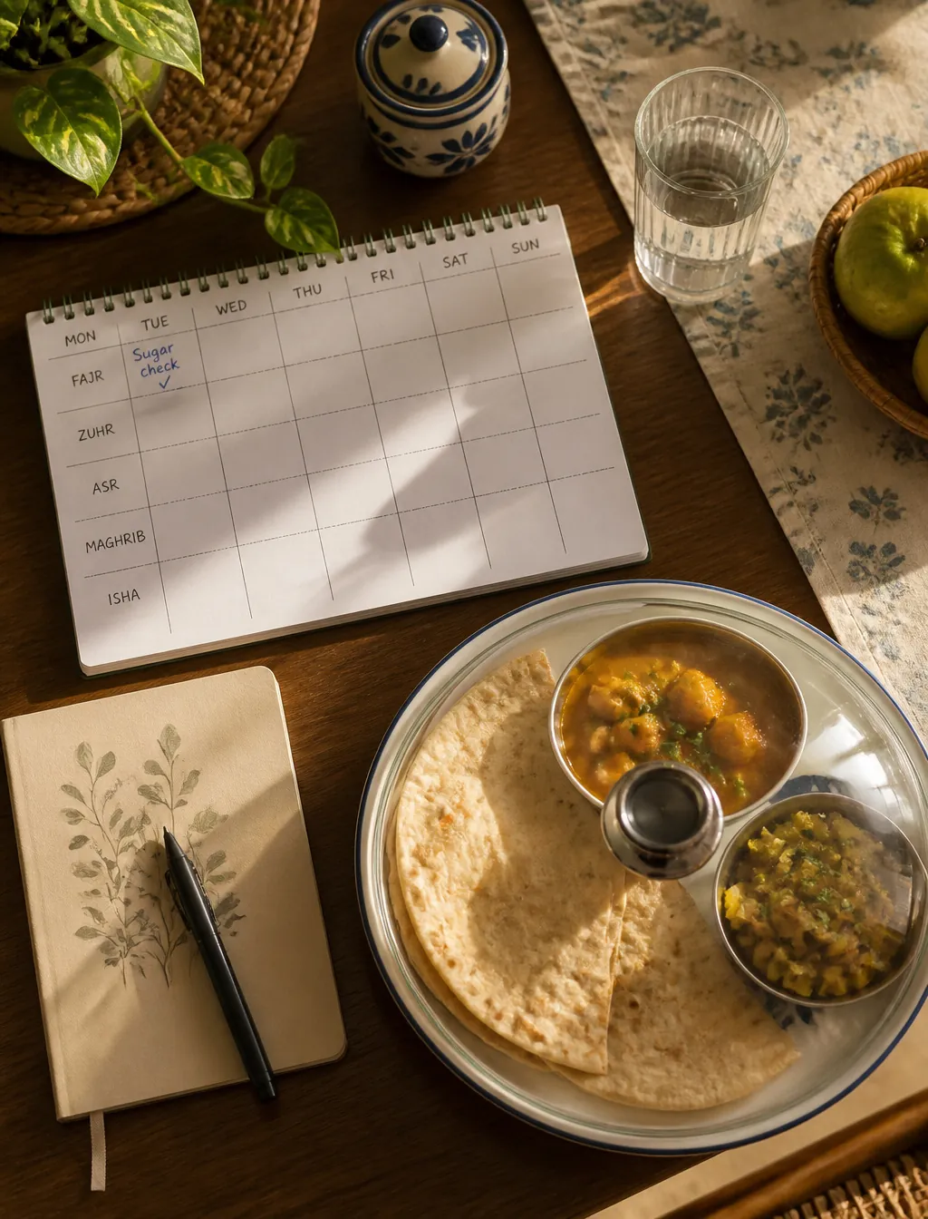 Table with a meal, a calendar and a pen