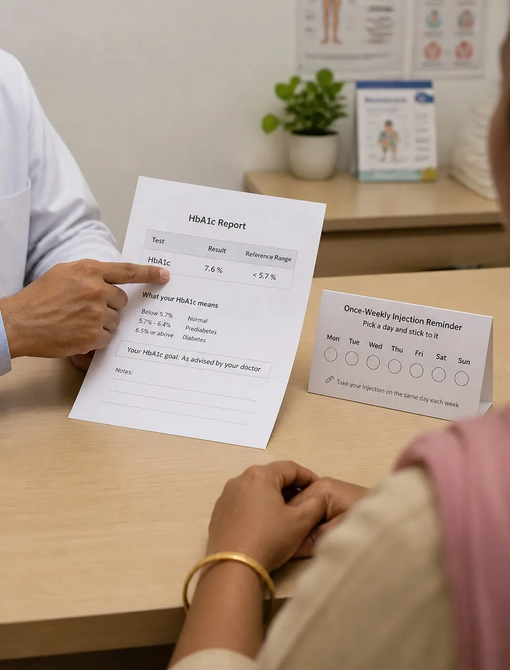 Clinician pointing at a printed chart for a patient