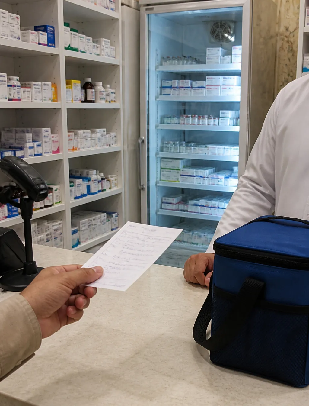 Person collecting a prescription at a pharmacy counter