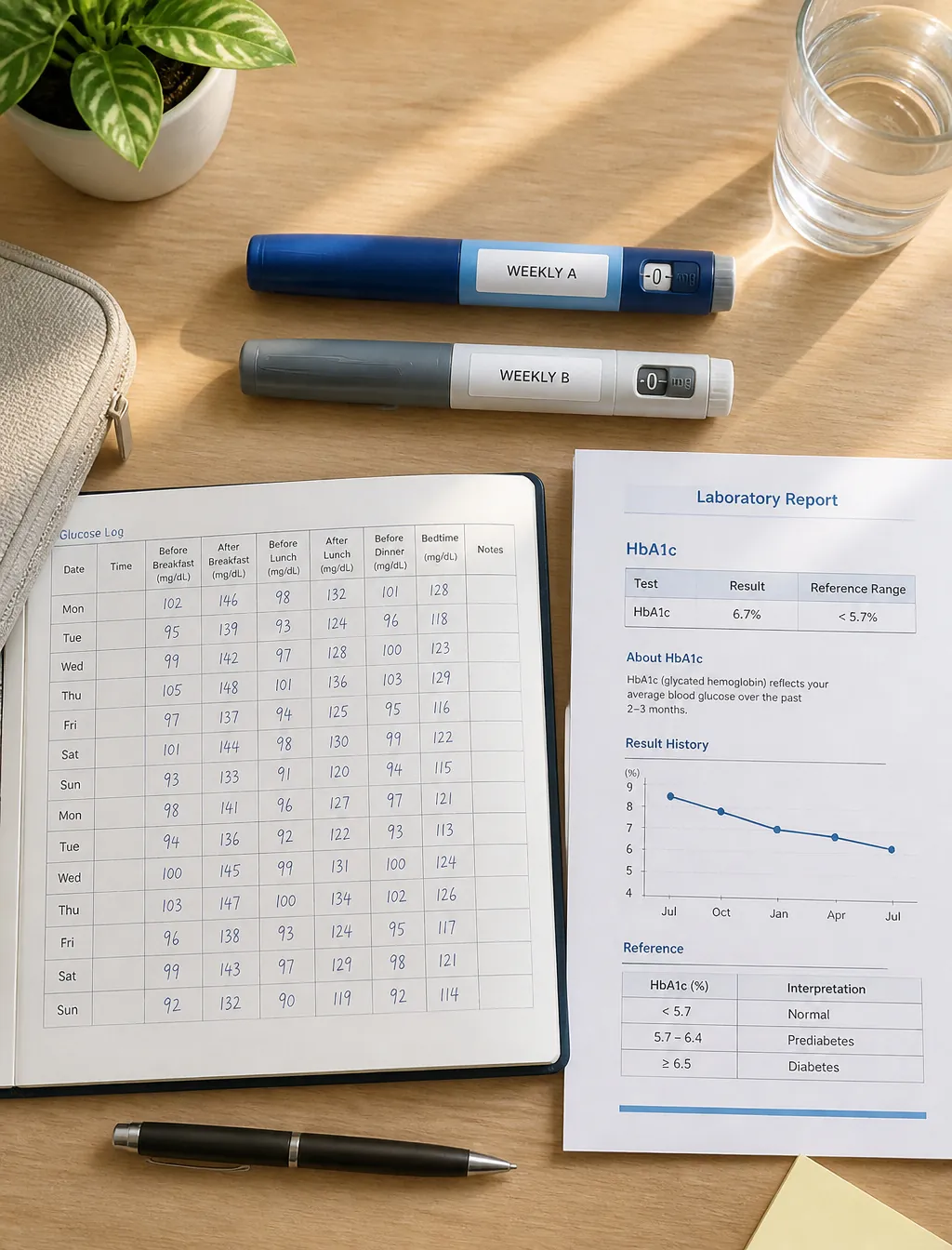 Two injection pens beside a printed chart and a notebook