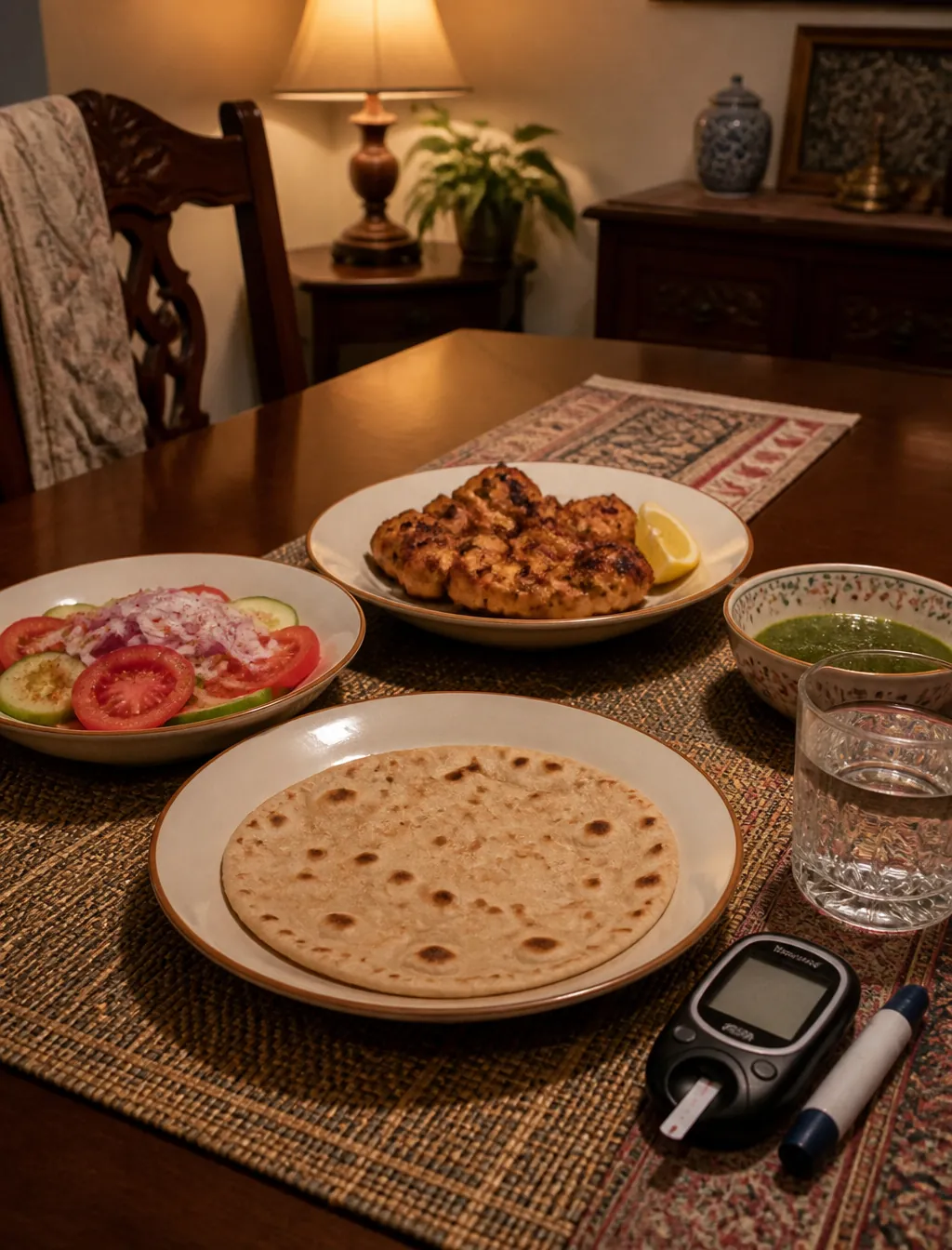 Dining table with roti, curry and a glucose meter