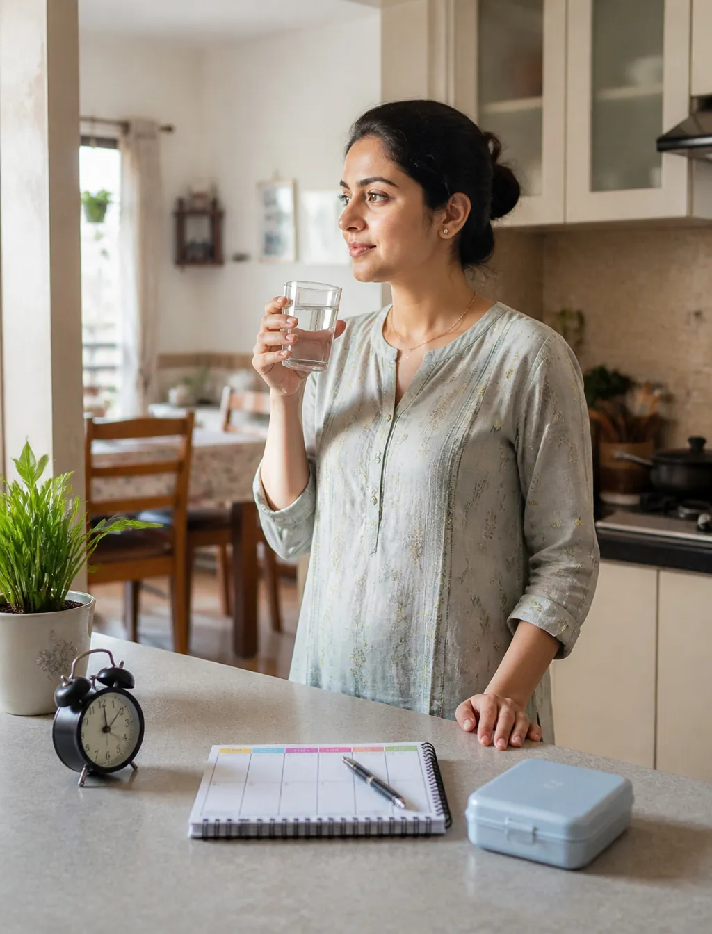 Woman drinking a glass of water in a kitchen
