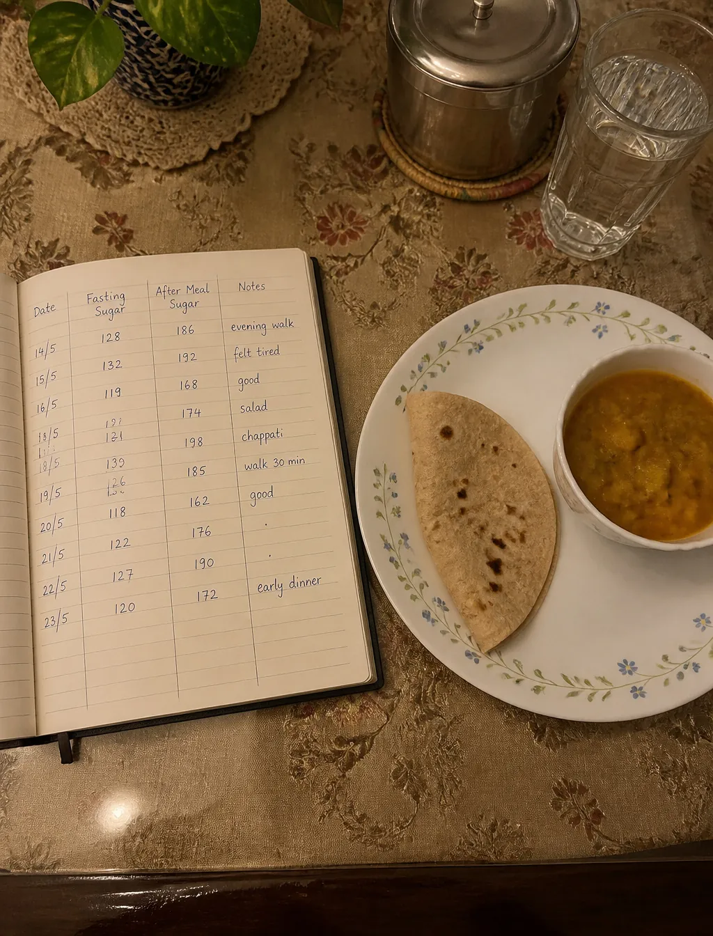 Notebook beside a plate of roti and curry