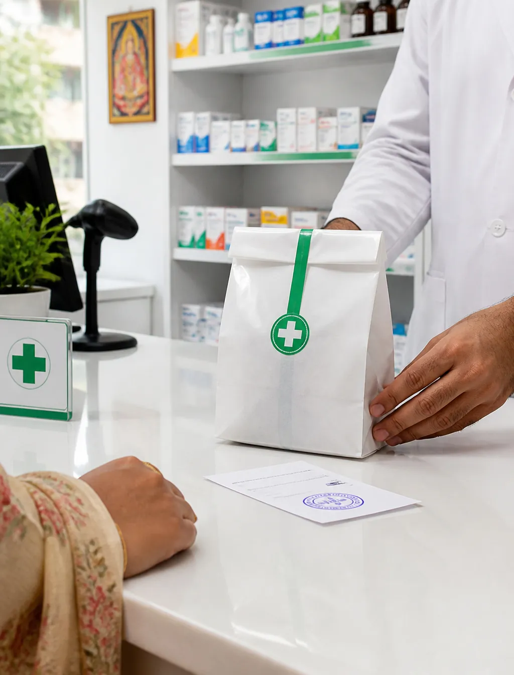 Pharmacist handing a package across a counter