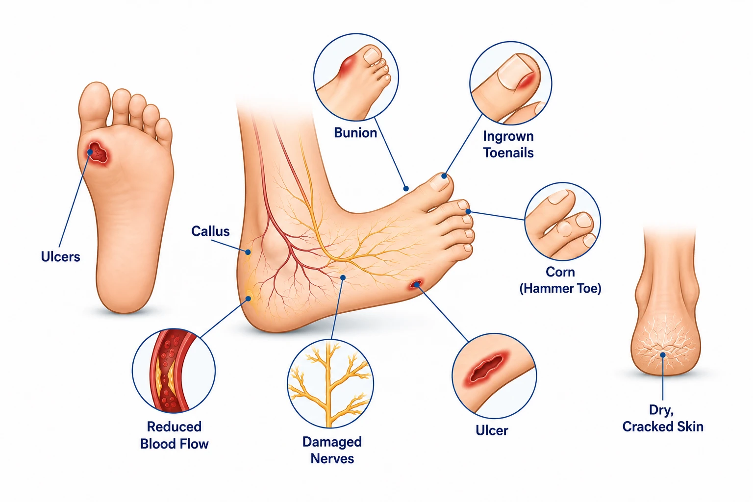 Diabetic foot complications explained - nerve damage, poor blood flow and ulcers, treated in DHA Lahore