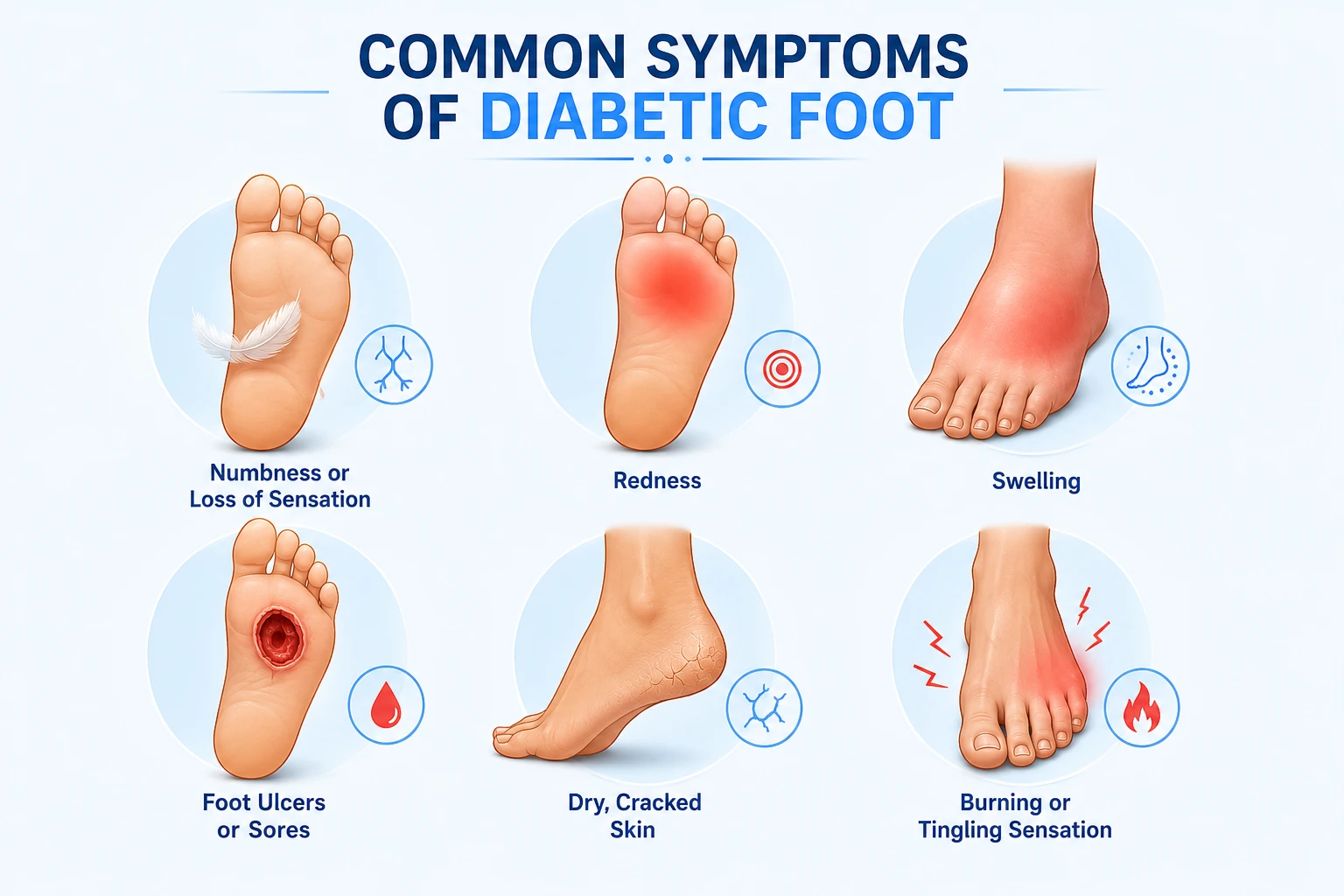 Chart of common symptoms of diabetic foot - numbness, ulcers, infection and slow healing, assessed in DHA Lahore