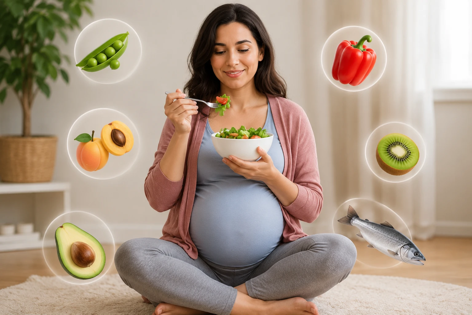 Pregnant woman eating a healthy salad to manage diabetes in pregnancy, care in DHA Lahore