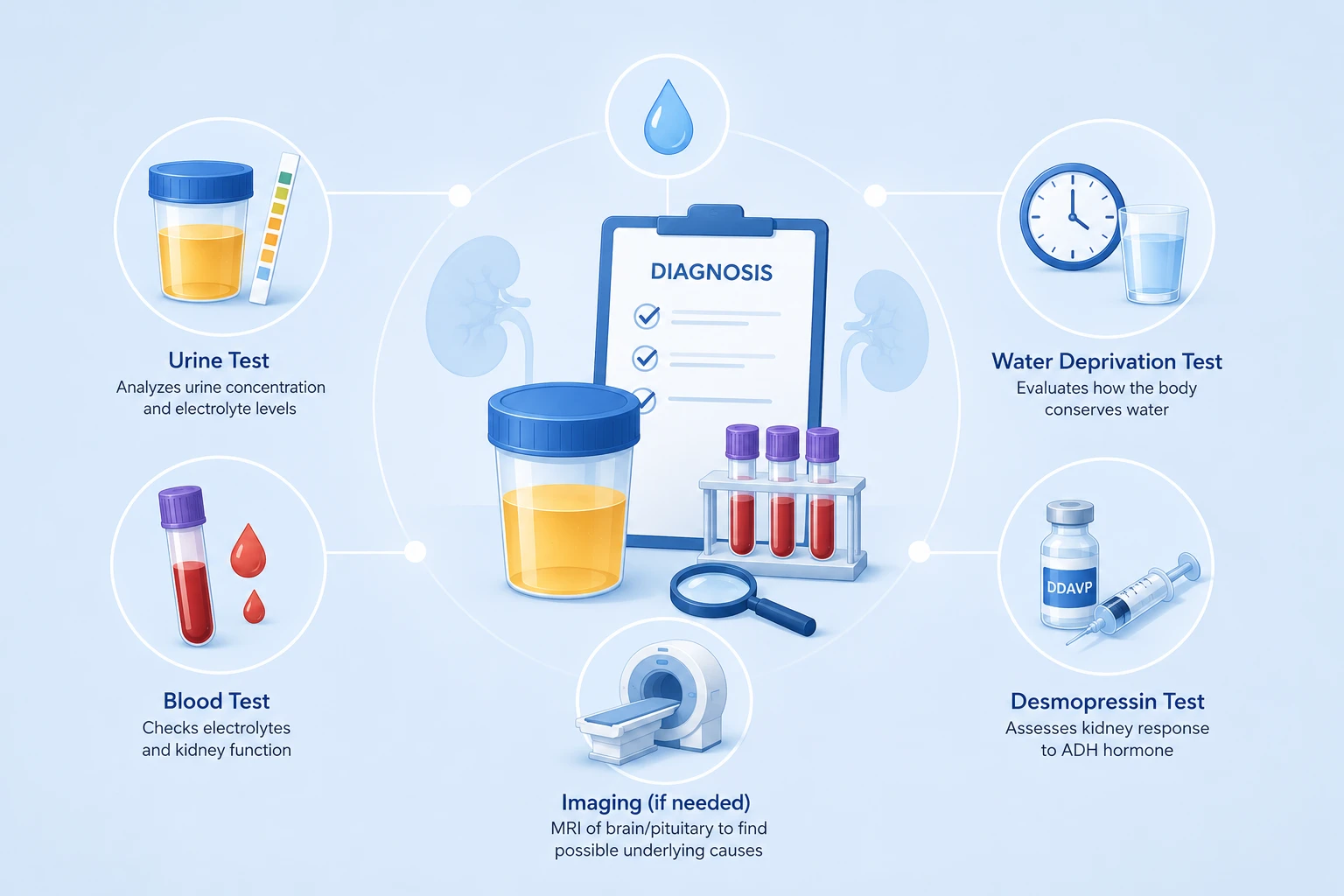 How diabetes insipidus is diagnosed - urine, blood and water deprivation tests in DHA Lahore