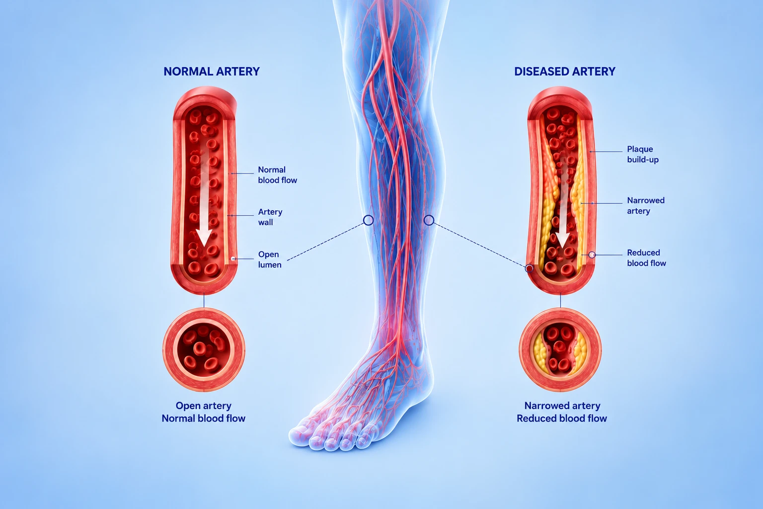 Diabetic vascular disease explained - normal artery versus narrowed diseased artery, treated in DHA Lahore